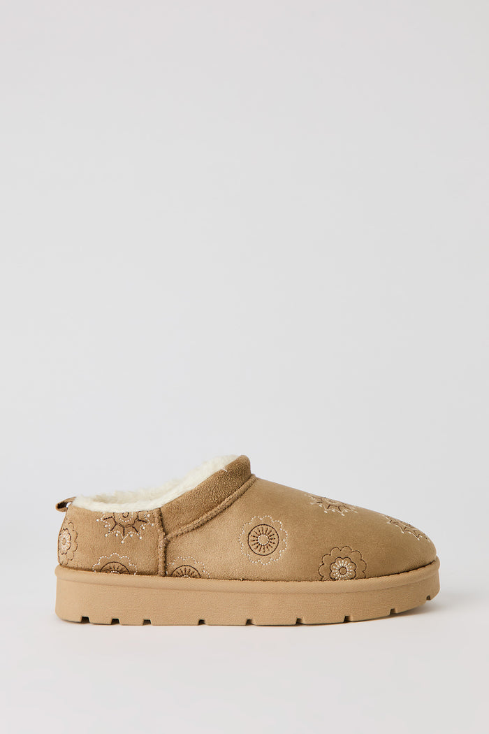 Faux-Suede Embroidered Slipper Booties