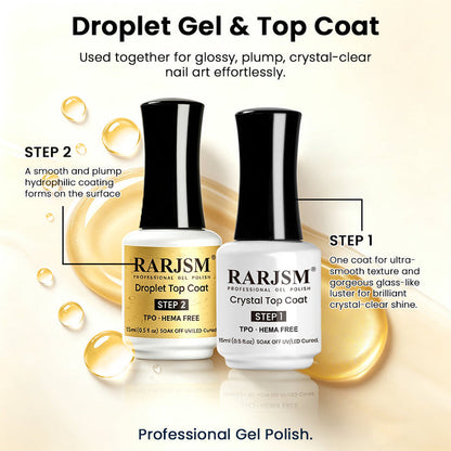 RARJSM 3D Yellow Droplet Top Coat Operating Steps - Apply gel polish, crystal top coat, yellow droplet top coat, high glossy shine finished