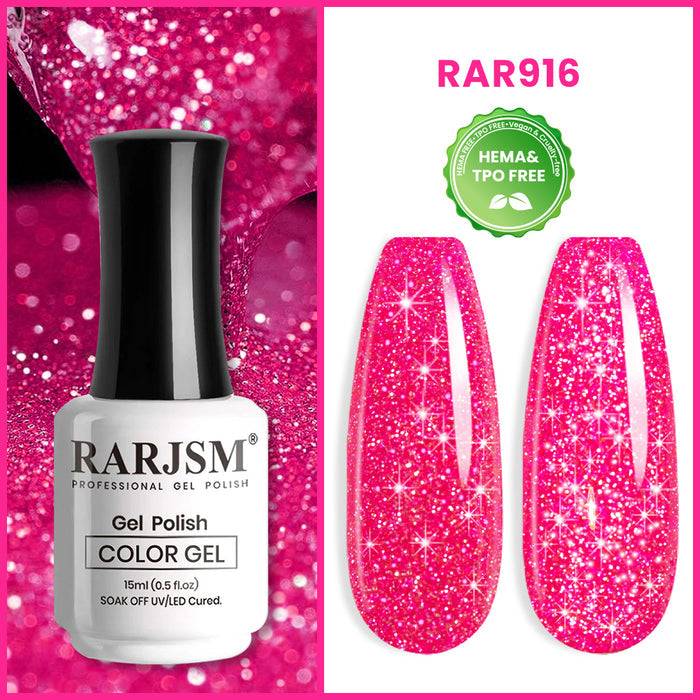 RAR916 reflective glitter gel polish 15ml HEMA TPO free hot pink diamond sparkle dual light effect disco nails