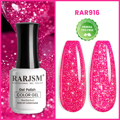 RAR916 reflective glitter gel polish 15ml HEMA TPO free hot pink diamond sparkle dual light effect disco nails