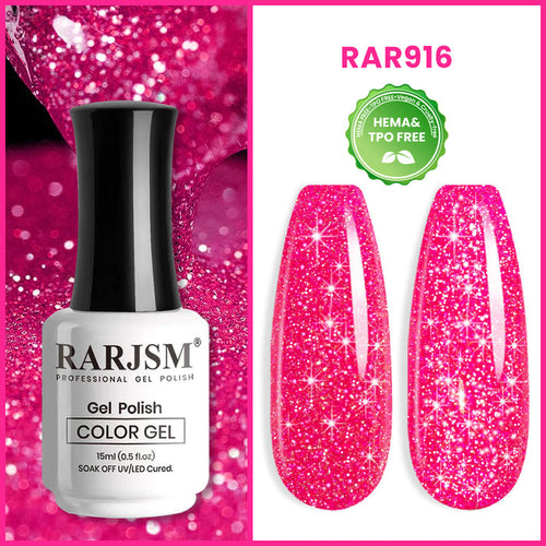 RAR916 reflective glitter gel polish 15ml HEMA TPO free hot pink diamond sparkle dual light effect disco nails