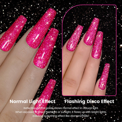 Normal light effect vs flashing disco effect reflective gel polish natural light flashlight sunlight diamond sparkle comparison
