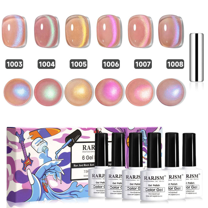 Aurora cat eye gel polish set 1003-1008 showing 6 iridescent shimmer colors with holographic glitter effect, TPO HEMA free