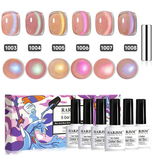 Aurora cat eye gel polish set 1003-1008 showing 6 iridescent shimmer colors with holographic glitter effect, TPO HEMA free