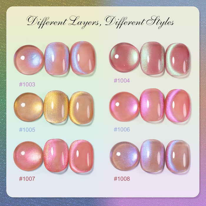Different layers showing buildable coverage of aurora cat eye gel polish 1003-1008 from sheer to opaque finish