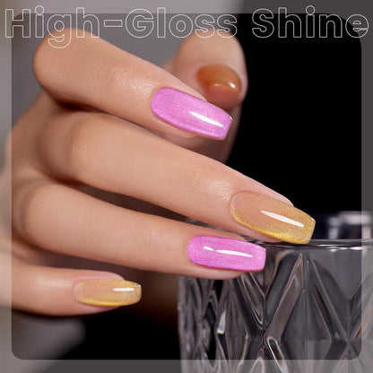 High-gloss shine aurora cat eye gel polish on stiletto nails showing pink gold shimmer with ultra-glossy finish