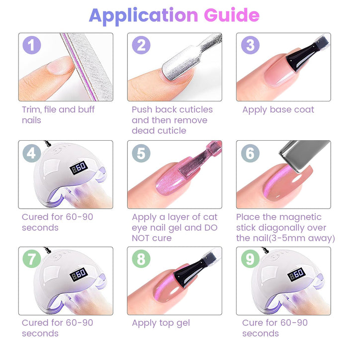 Easy application guide for aurora cat eye gel polish showing 4-step process with 2-3 weeks long-lasting wear