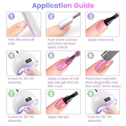 Easy application guide for aurora cat eye gel polish showing 4-step process with 2-3 weeks long-lasting wear