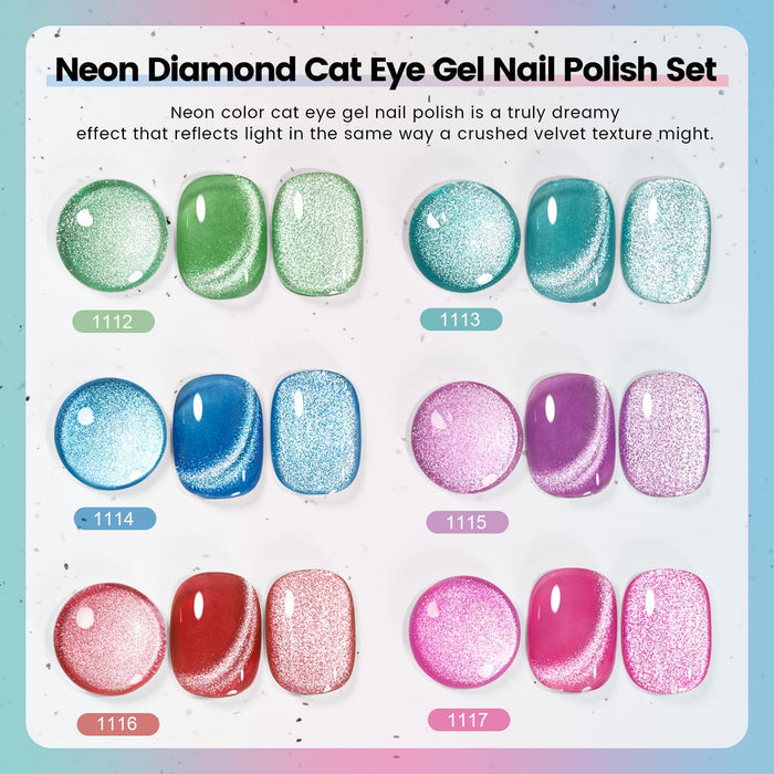 Neon diamond cat eye gel polish crushed velvet texture dreamy effect reflects light diamond brilliance 6 colors