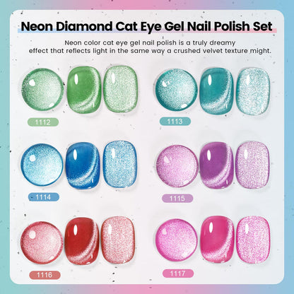 Neon diamond cat eye gel polish crushed velvet texture dreamy effect reflects light diamond brilliance 6 colors
