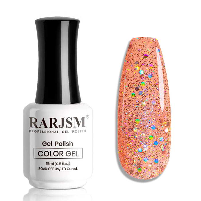 Peachy Sparkle R399 coral orange glitter gel polish bottle 15ml with iridescent sparkle swatch TPO HEMA free