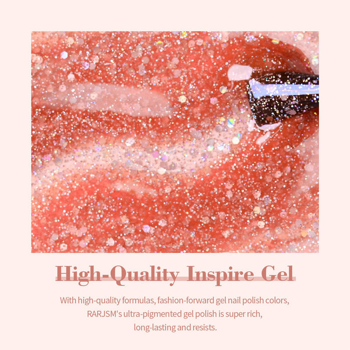 Peachy coral glitter gel polish texture with iridescent holographic sparkles high-quality inspire gel