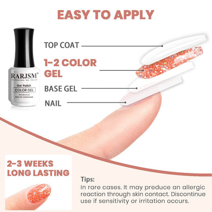 Peachy coral glitter gel polish application guide 4 steps - base gel color gel top coat 2-3 weeks long-lasting