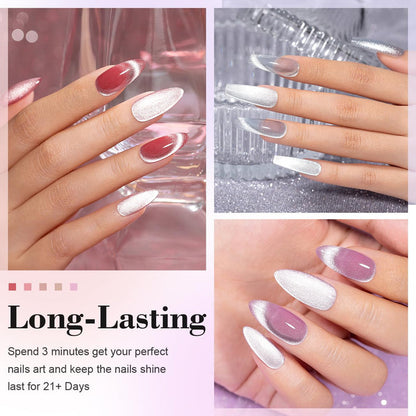 Long-lasting cat eye gel polish showing 21+ days wear with perfect shine on almond nails in red white purple colors