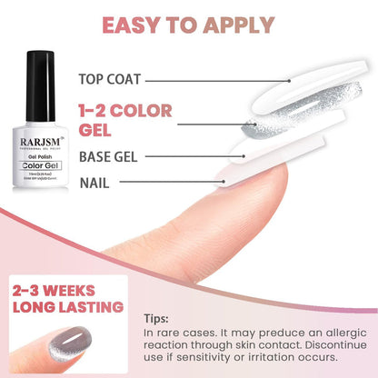 Easy application guide for cat eye gel polish showing 4-step process: base gel, color gel, top coat, 2-3 weeks lasting