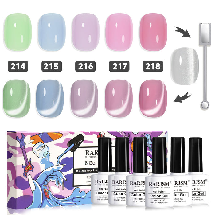 Spring whimsy macaron meets cat eye gel polish 6 colors set 5 soft pastels 1 white cat eye topper 2 effects vanilla beam magnet
