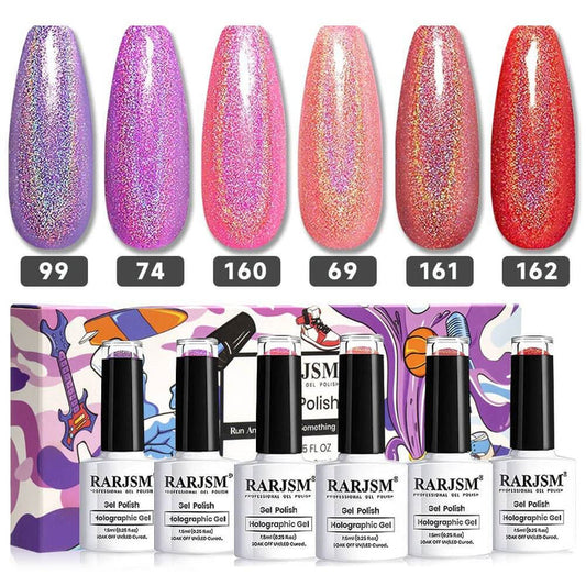 RARJSM ® Purple red pink 6 ColorsHolographic Nail Gel Polish Set