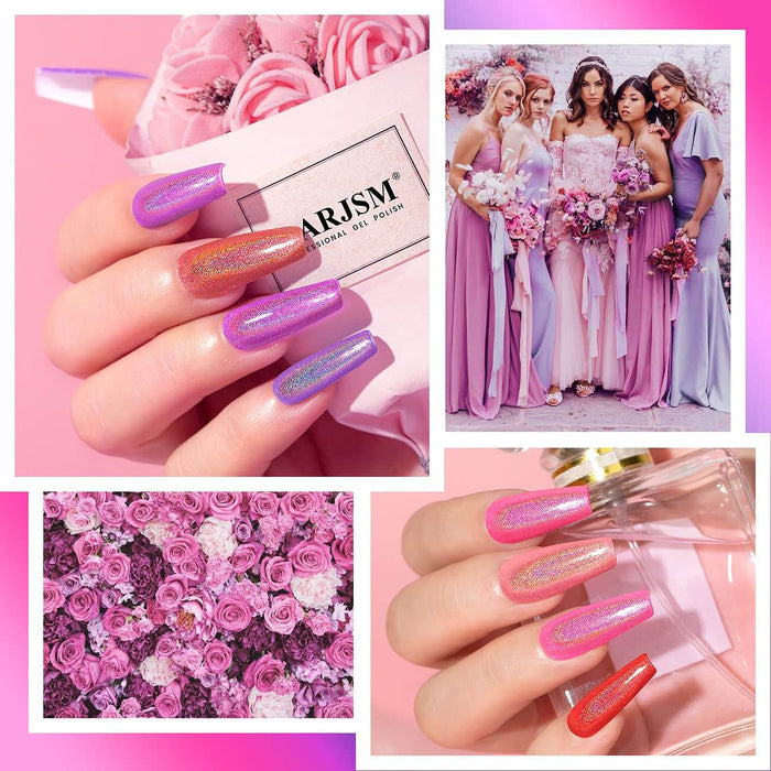 RARJSM ® Purple red pink 6 ColorsHolographic Nail Gel Polish Set