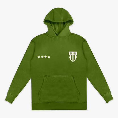 Army green Youth Hoodie with white BL101 armor design and five white stars in front of hoodie