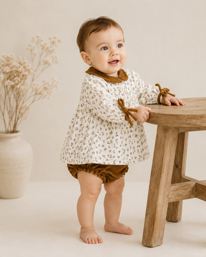 Baby Wearing Floral Muslin Baby Dress and Corduroy Bloomer Set, Organic