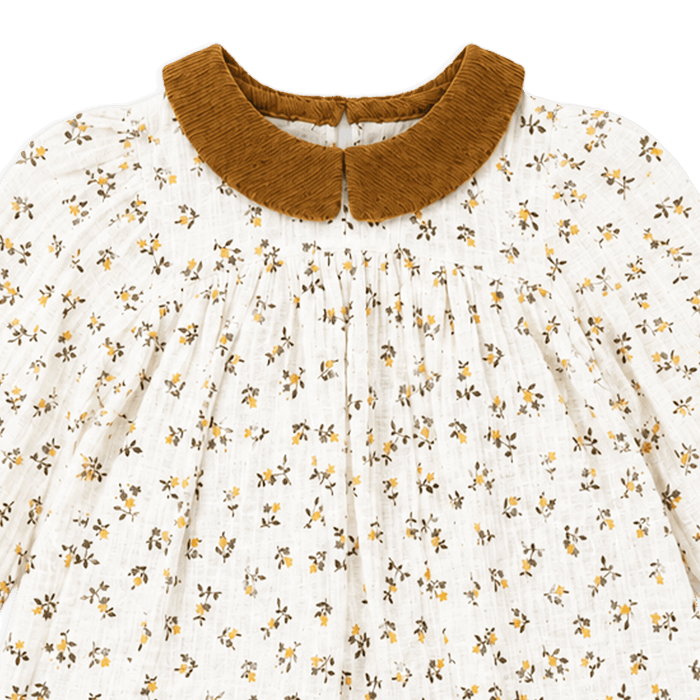 Organic Floral Muslin Baby Dress and Corduroy Bloomer Set, Collar Detail