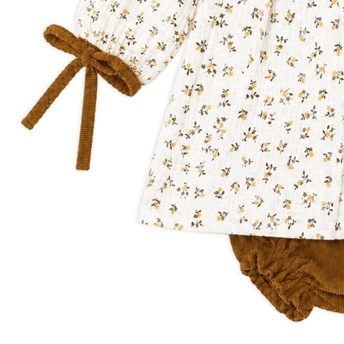 Organic Floral Muslin Baby Dress and Corduroy Bloomer Set, Cuff Detail