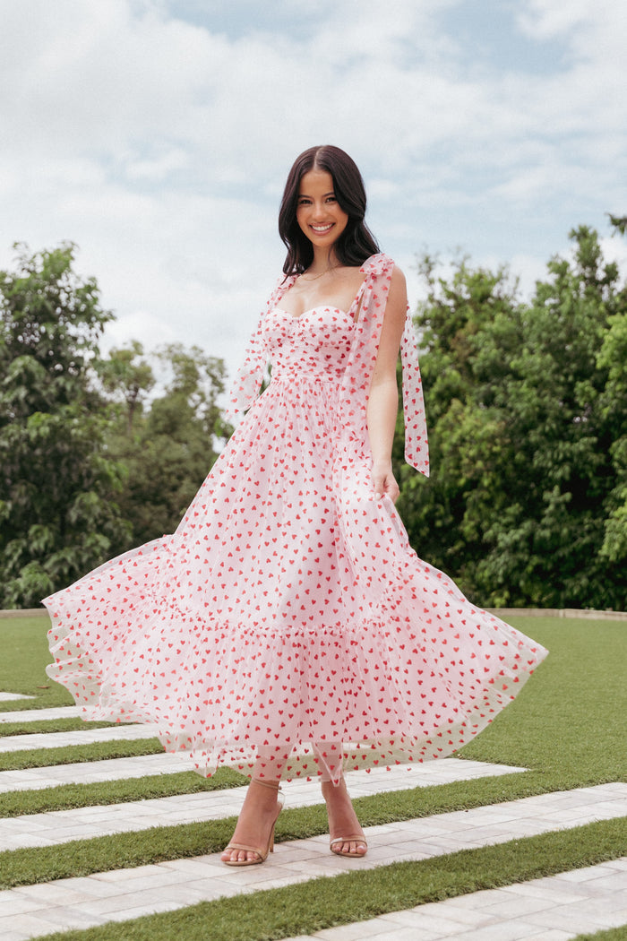 Petal and Pup USA DRESSES Floret Midi Dress - Red Hearts