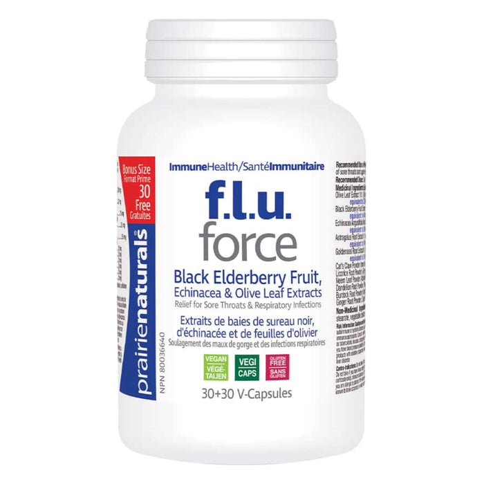 Bottle of Prairie Naturals FLU Force 30+30 Bonus Size