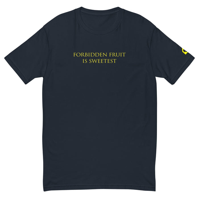 Navy blue t-shirt with yellow text 'FORBIDDEN FRUIT IS SWEETEST' on a white background