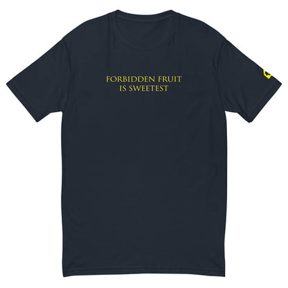 Navy blue t-shirt with yellow text 'FORBIDDEN FRUIT IS SWEETEST' on a white background
