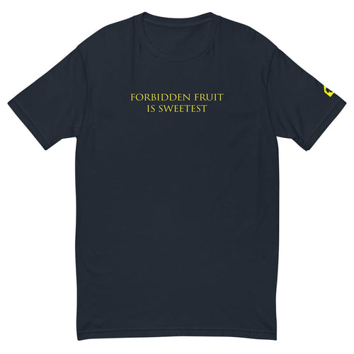 Navy blue t-shirt with yellow text 'FORBIDDEN FRUIT IS SWEETEST' on a white background