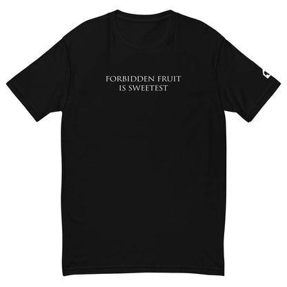 Black t-shirt with a small white logo on a white background