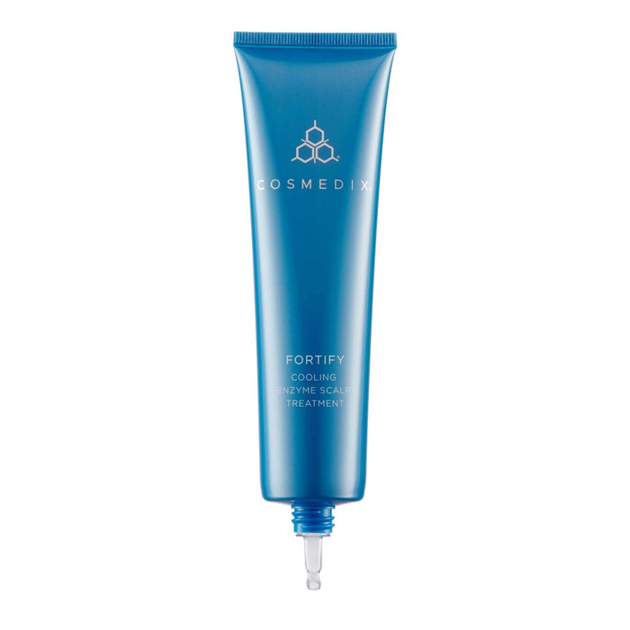 Fortify Cooling Enzyme Scalp Treatment blue squeeze tube with attached dropper tip