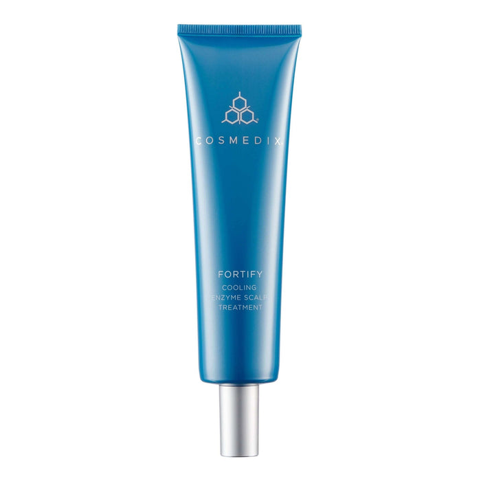 Vertical blue Fortify Cooling Enzyme Scalp Treatment tube with a white cap at the bottom.