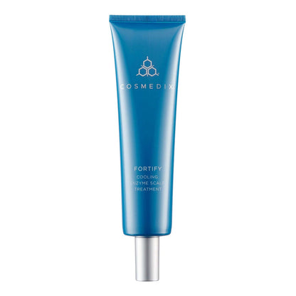 Vertical blue Fortify Cooling Enzyme Scalp Treatment tube with a white cap at the bottom.