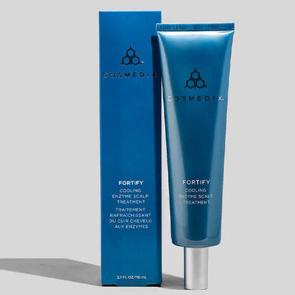 Fortify Cooling Enzyme Scalp Treatment tube beside its blue box for pre cleanse scalp exfoliation.