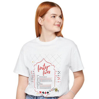 Person wearing a white t-shirt with text and graphics, standing against a white background