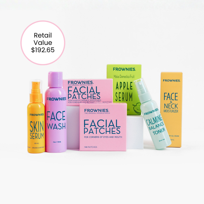 Frownies skincare products including bottles and boxes on a white background