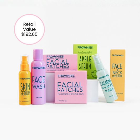 Frownies skincare products including bottles and boxes on a white background