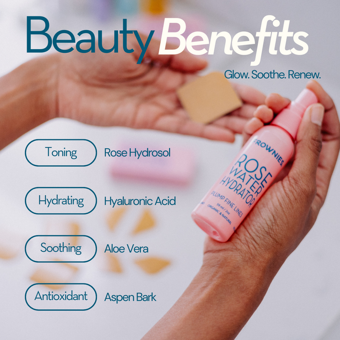 Beauty benefits for Frownies rose water hydrator spray - Glow.Soothe.Renew.
