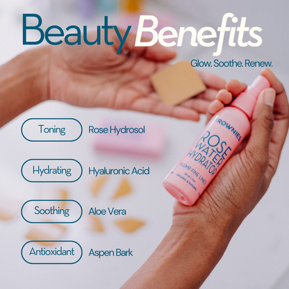 Beauty benefits for Frownies rose water hydrator spray - Glow.Soothe.Renew.