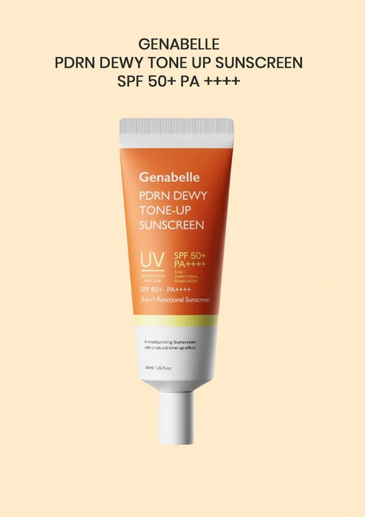 Genabelle PDRN Dewy Tone-Up Sunscreen tube on a beige background