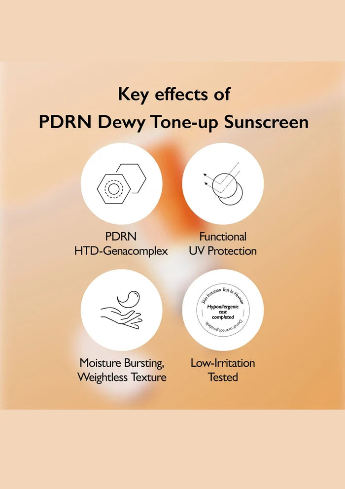 Key effects of PDRN Dewy Tone-up Sunscreen on a beige background