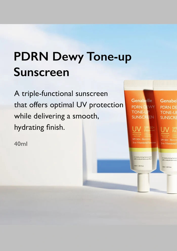 PDRN Dewy Tone-up Sunscreen with product packaging and text on a light background