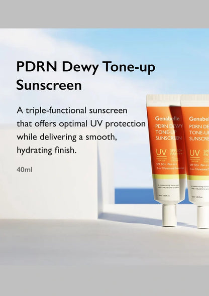 PDRN Dewy Tone-up Sunscreen with product packaging and text on a light background