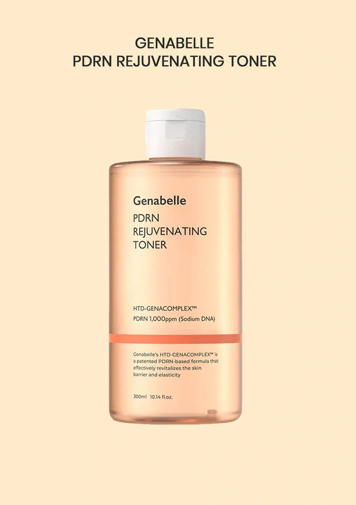 Genabelle PDRN Rejuvenating Toner bottle on a beige background