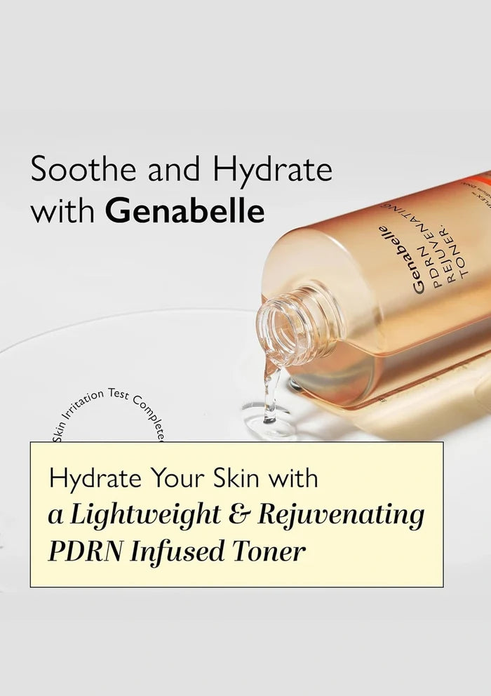 Genabelle toner bottle with text about hydrating skin and PDRN infusion on a light background