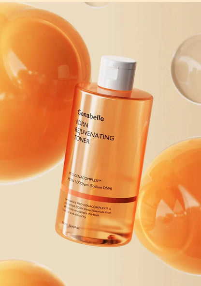 Orange-toned skincare bottle with text on a beige background