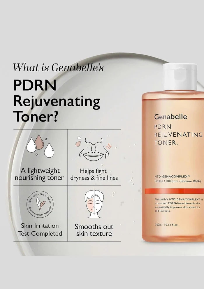 Genabelle PDRN Rejuvenating Toner with packaging and branding details on a light gray background.