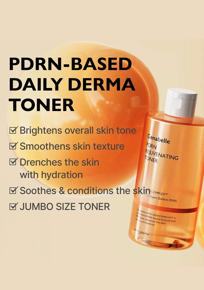 PDRN-based daily derma toner with product and benefits listed on a beige background